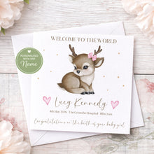 Load image into Gallery viewer, Pink personalised baby birth announcement card mockup held in hands