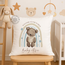 Load image into Gallery viewer, Personalised Nursery Cushion – Teddy Bear Rainbow Design
