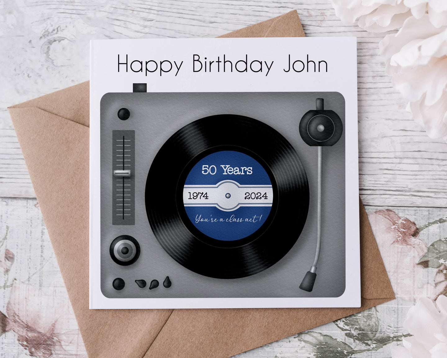 GREY Vinyl Record Player Birthday Card