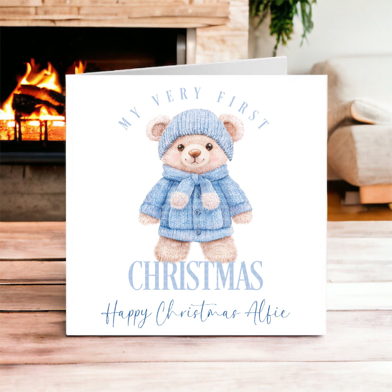 Baby's First Christmas Bear Pink or blue- Christmas Card