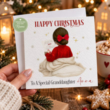 Load image into Gallery viewer, Personalised happy Christmas card featuring a girl in a red jumper holding a nice list, brunette hair
