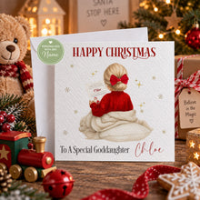 Load image into Gallery viewer, Personalised Christmas card mockup with blonde-haired girl wearing a red jumper

