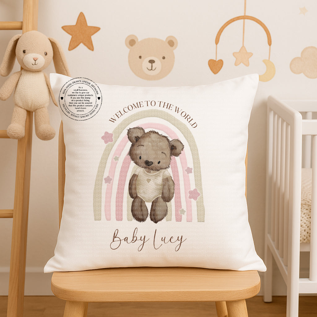 Personalised Nursery Cushion – Teddy Bear Rainbow Design