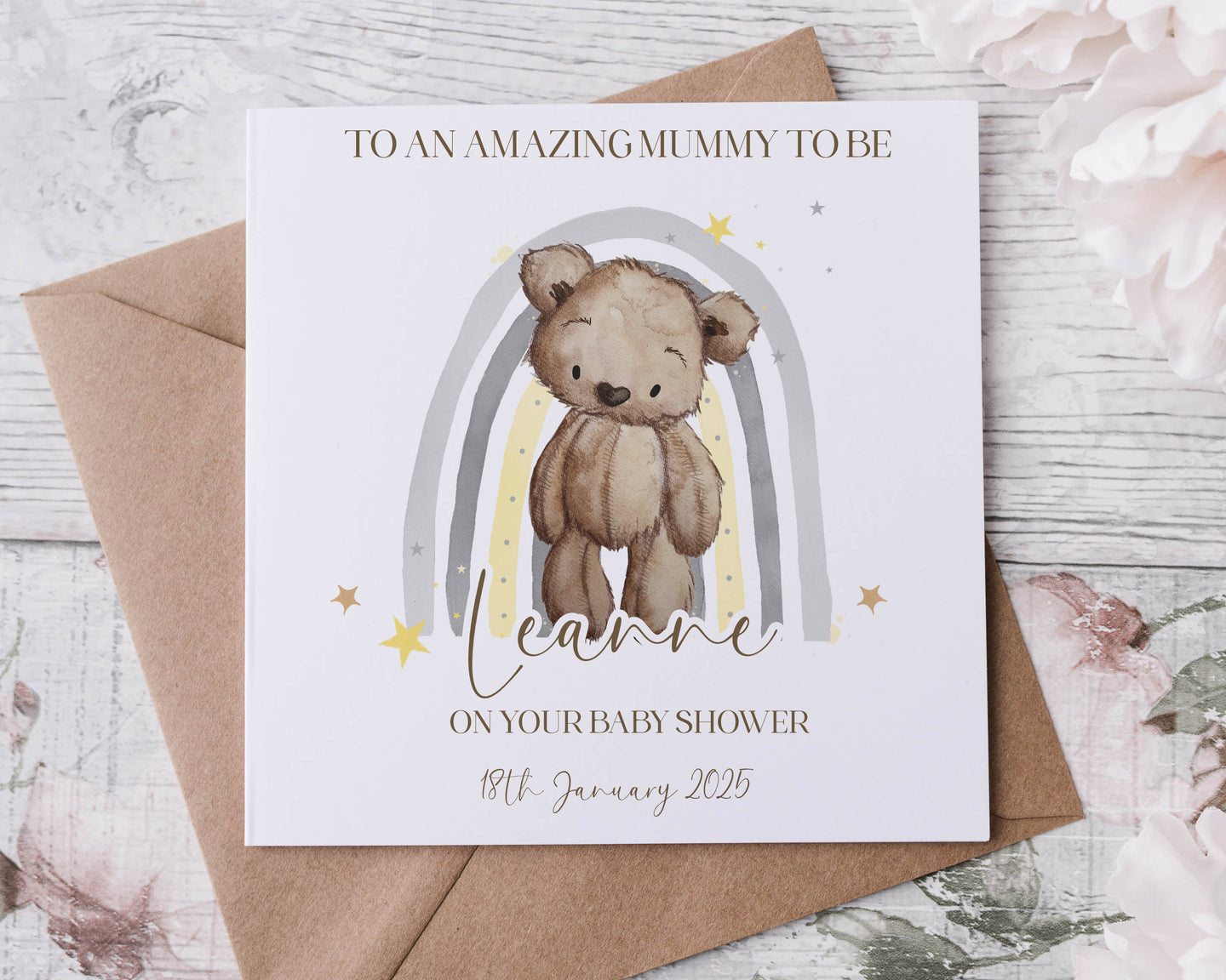 Baby Shower Card  - brown bear rainbow
