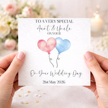 Load image into Gallery viewer, Personalised wedding day card from children to parents with two heart balloons
