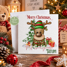 Load image into Gallery viewer, Personalised Christmas card for a special boy featuring a festive reindeer, Christmas tree and presents
