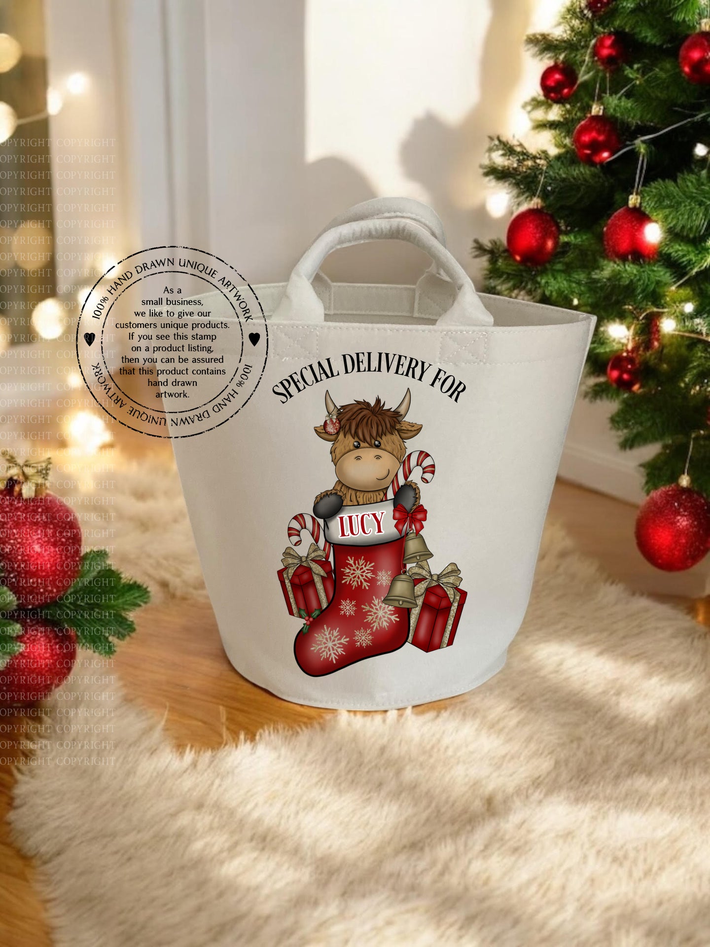 Christmas Felt Trug - Highland Cow Designs