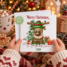 Load image into Gallery viewer, Personalised Christmas card for a boy featuring a festive reindeer and personalised name
