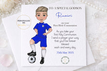 Load image into Gallery viewer, Communion Figure Personalised Card - SOCCER BLUE
