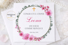 Load image into Gallery viewer, Personalized Confirmation/Communion  Day Card – Full Floral Wreath
