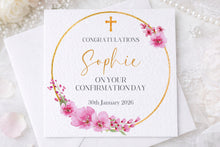 Load image into Gallery viewer, Gold/ Pink  Wreath  Communion/Confirmation Greeting Card

