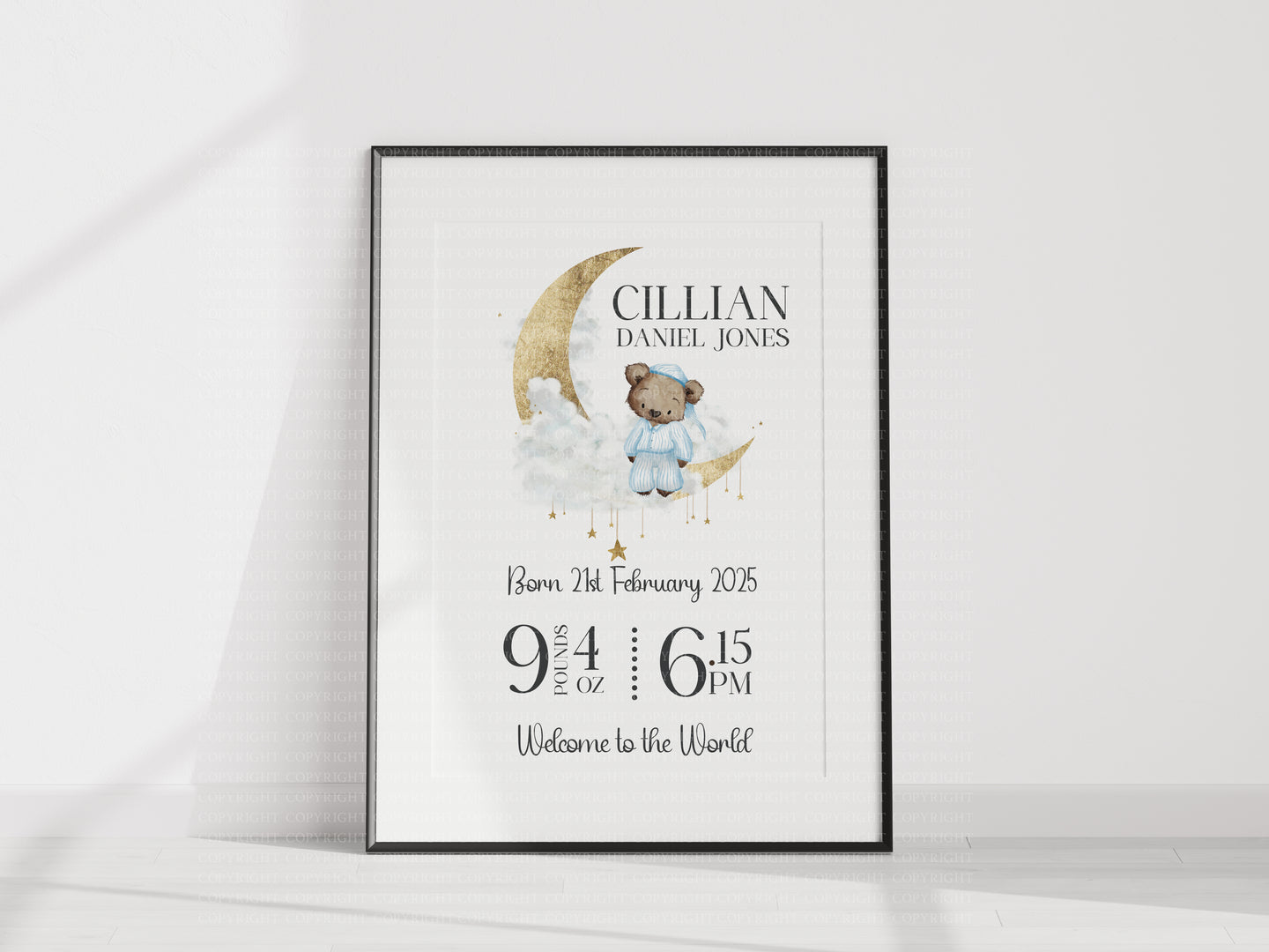 Day you were born UNFRAMED Sleepy Bear print A4 or A3