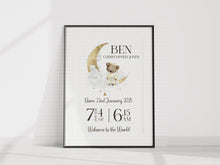 Load image into Gallery viewer, Day you were born UNFRAMED Sleepy Bear print A4 or A3
