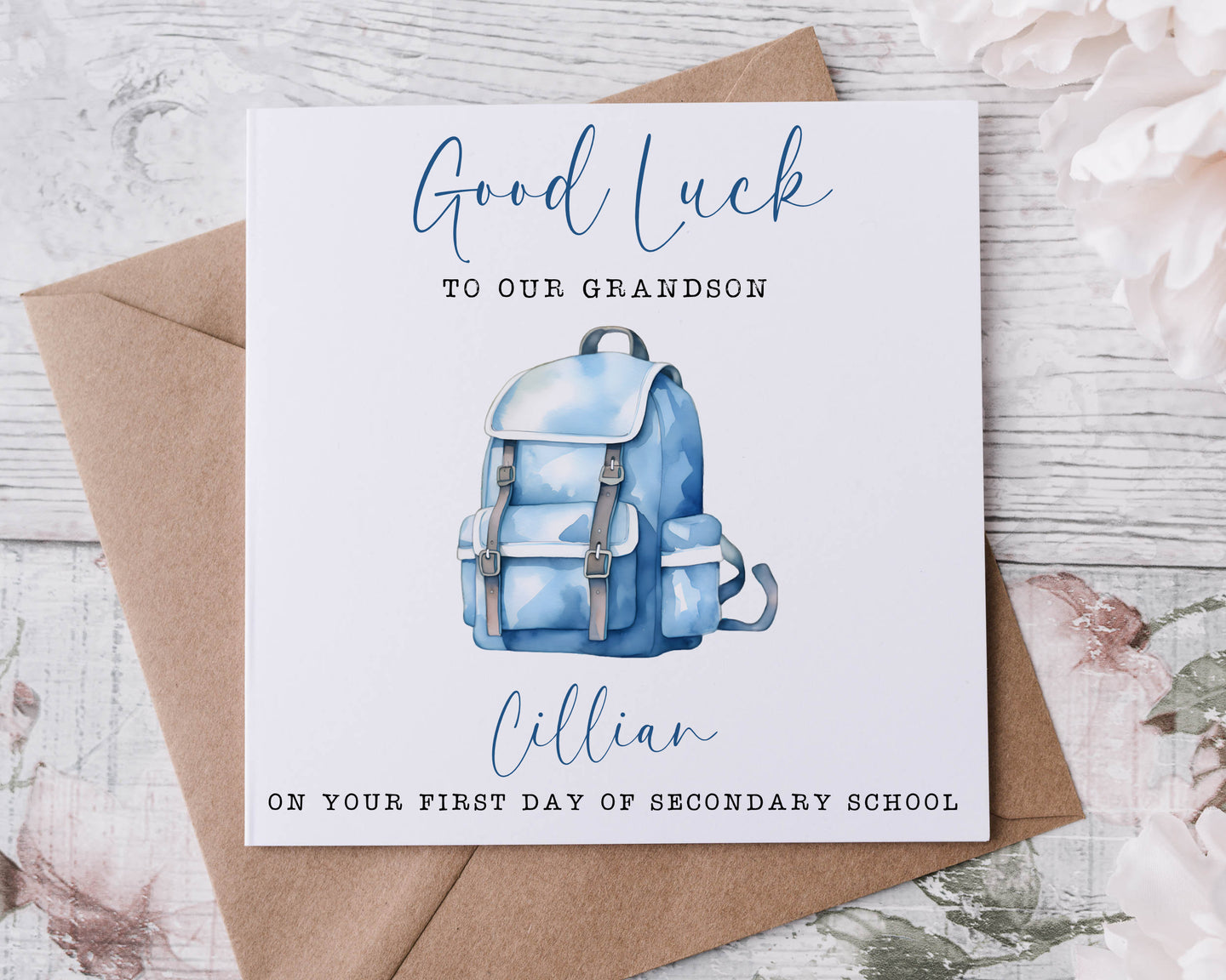 First day at school card  - blue backpack