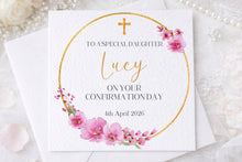Load image into Gallery viewer, Gold/ Pink  Wreath  Communion/Confirmation Greeting Card
