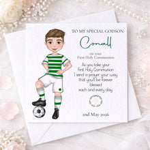 Load image into Gallery viewer, Communion Figure Personalised Card - SOCCER GREEN
