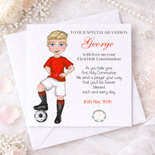 Load image into Gallery viewer, Communion Figure Personalised Card - SOCCER RED
