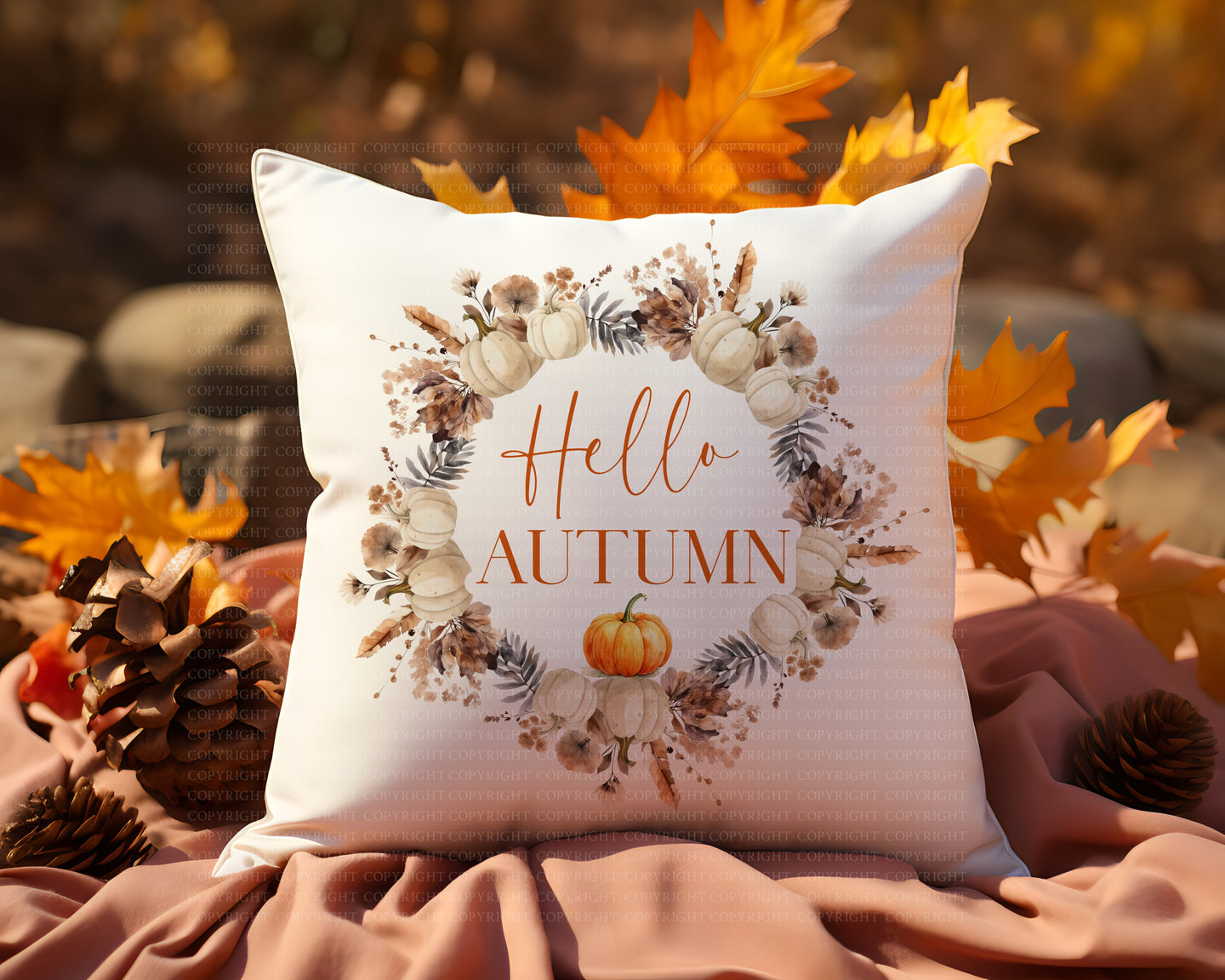 Hello Autumn Pumpkin Wreath Cushion