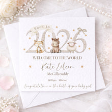 Load image into Gallery viewer, Personalised Born in 2026 New Baby Card – Farm Animals or Safari Animals
