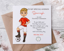 Load image into Gallery viewer, Communion Figure Personalised Card - SOCCER RED
