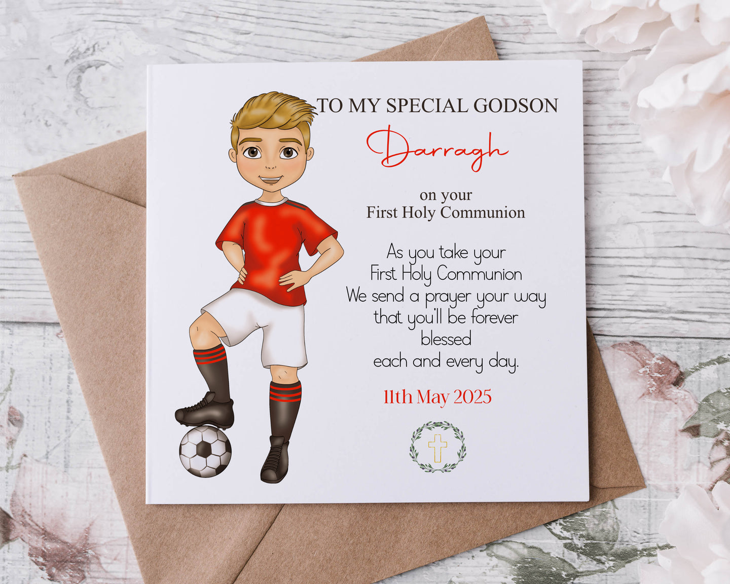Communion Figure Personalised Card - SOCCER RED