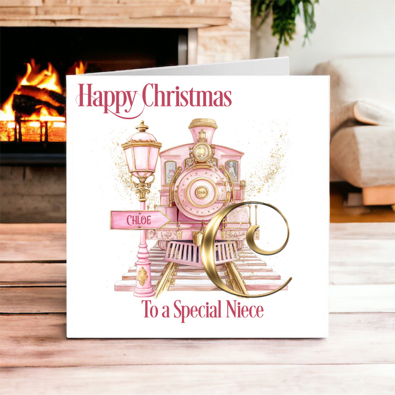 Polar Express Initial Pink- Christmas Card