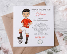 Load image into Gallery viewer, Communion Figure Personalised Card - SOCCER RED
