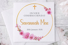 Load image into Gallery viewer, Gold/ Pink  Wreath  Communion/Confirmation Greeting Card
