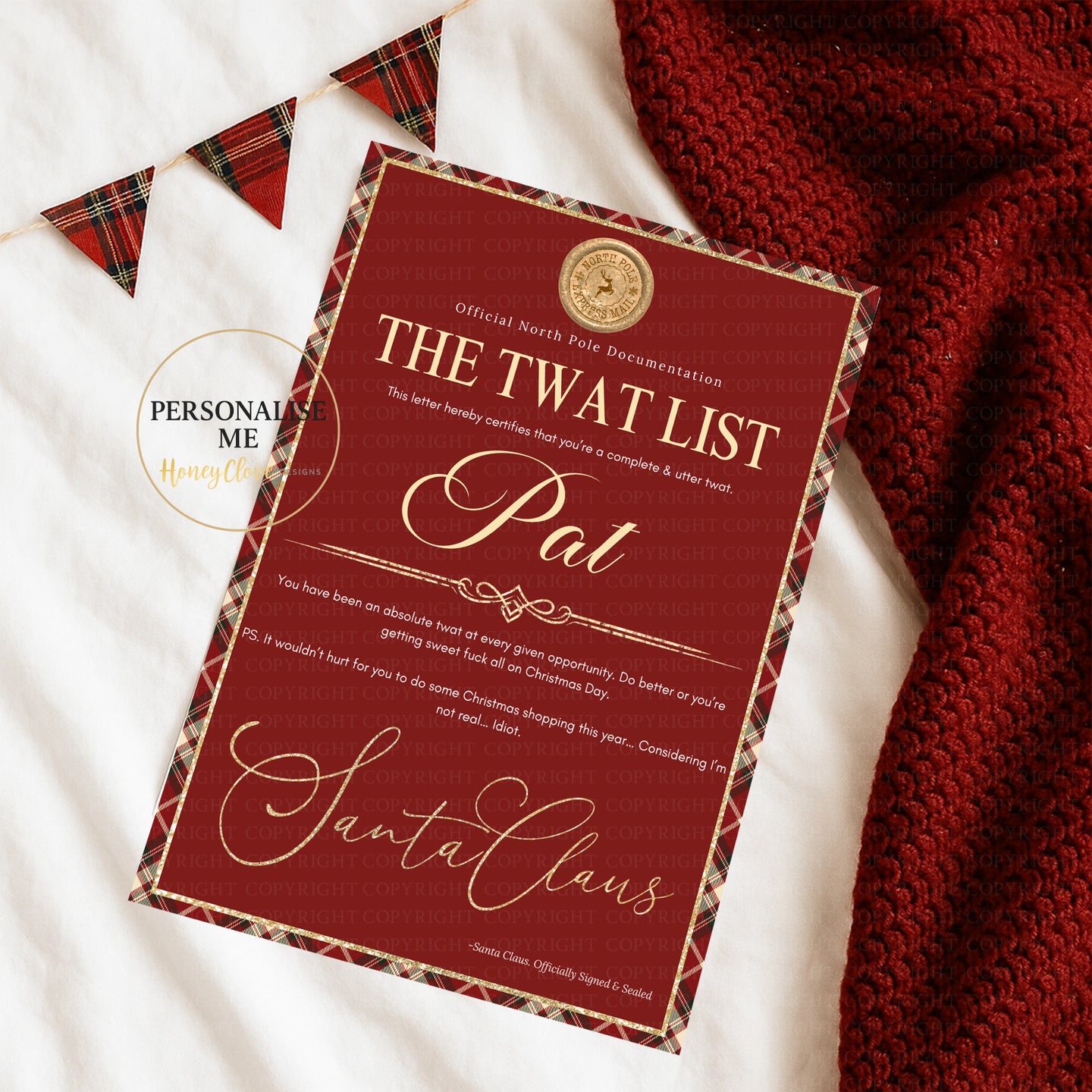 Rude - 'Alternative' To the Nice List! - Tartan Letter Christmas
