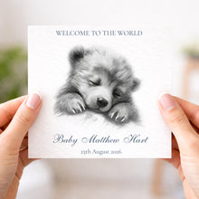 Load image into Gallery viewer, Personalised new baby greeting card with sleeping bear illustration

