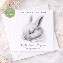 Load image into Gallery viewer, Personalised new baby greeting card with sleeping bunny illustration

