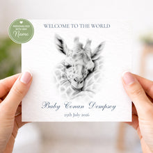 Load image into Gallery viewer, Personalised new baby greeting card with sleeping giraffe illustration
