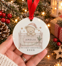 Load image into Gallery viewer, Personalised baby's first Christmas acrylic decoration with teddy bear in crib design

