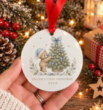 Load image into Gallery viewer, Personalised baby's first Christmas acrylic decoration with blue teddy and Christmas tree design
