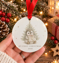 Load image into Gallery viewer, Personalised baby's first Christmas acrylic decoration with bunny and Christmas tree design
