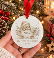 Load image into Gallery viewer, Personalised baby's first Christmas acrylic decoration with elephant and Christmas tree design
