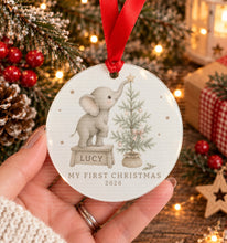 Load image into Gallery viewer, Personalised baby's first Christmas acrylic decoration with penguin and Christmas tree design
