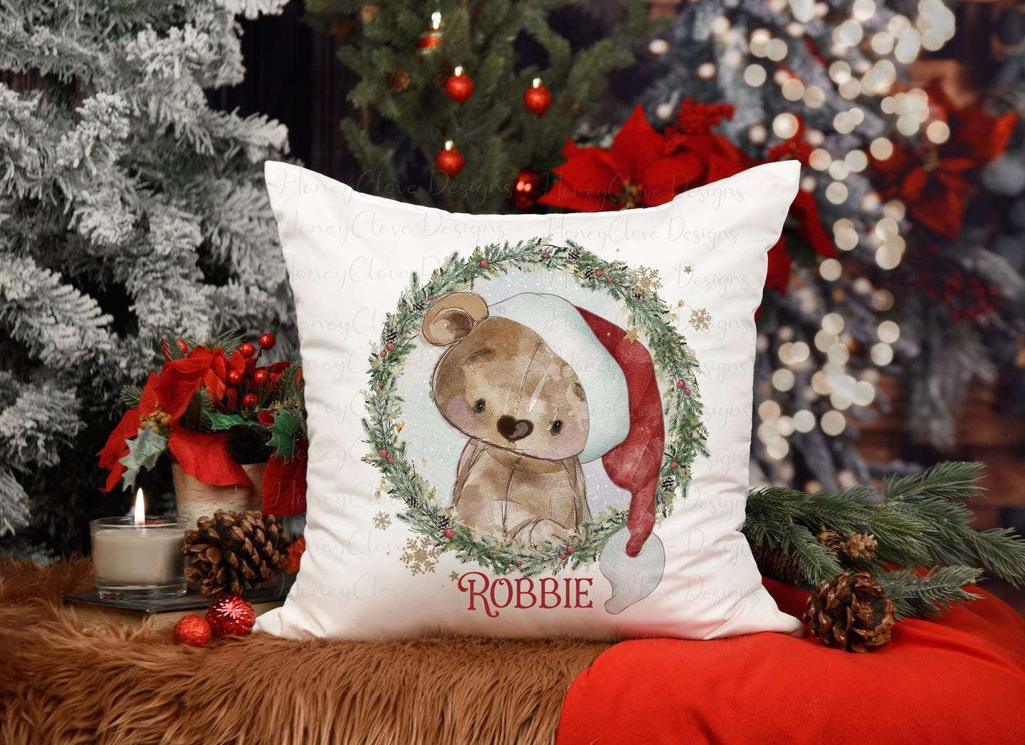 Christmas bear wreath Cushion - 2 colours