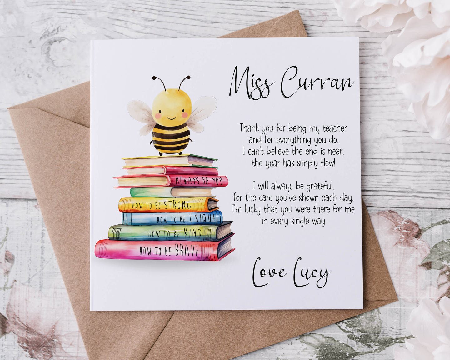 Bookstack with Bee Teacher card