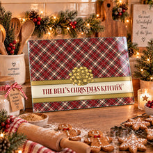 Load image into Gallery viewer, The Bell's Christmas Kitchen tartan glass chopping board with gold bow
