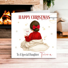 Load image into Gallery viewer, Personalised Christmas card design with black hair variant
