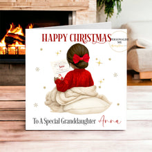 Load image into Gallery viewer, Personalised Christmas card design, dark skin and black hair variant
