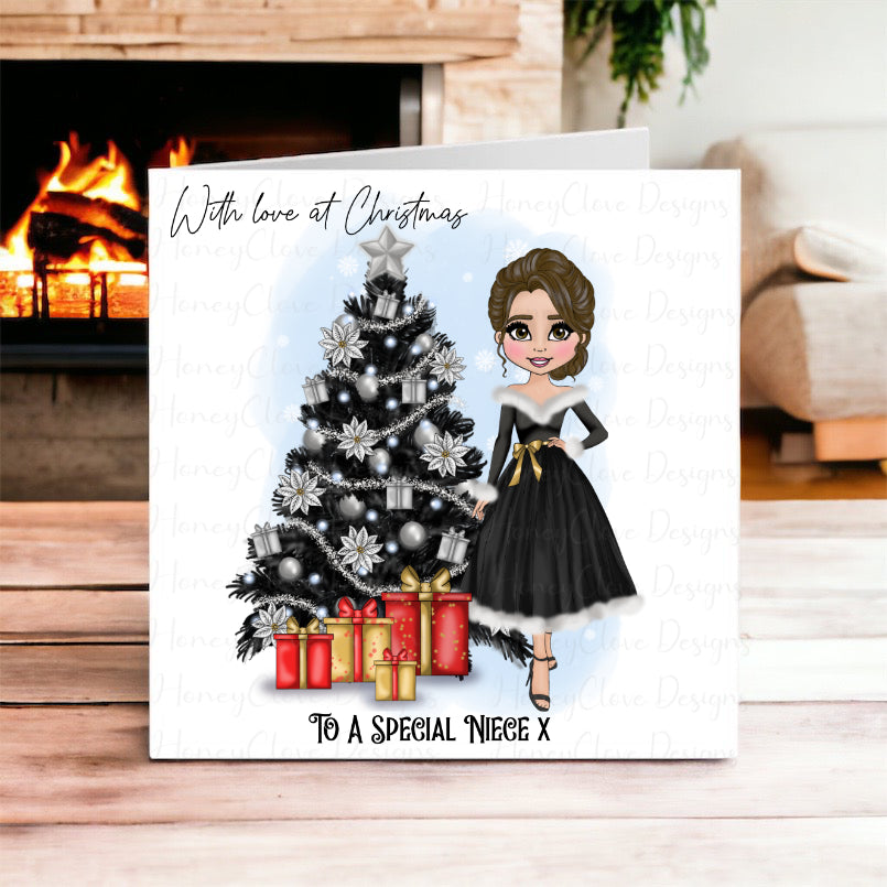 Christmas Dolly Greeting Card Black Dress