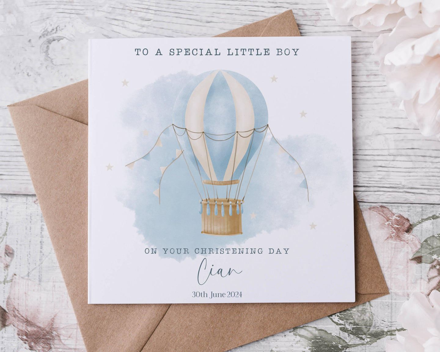 Christening/Baptism Card Hot Air Balloon Blue