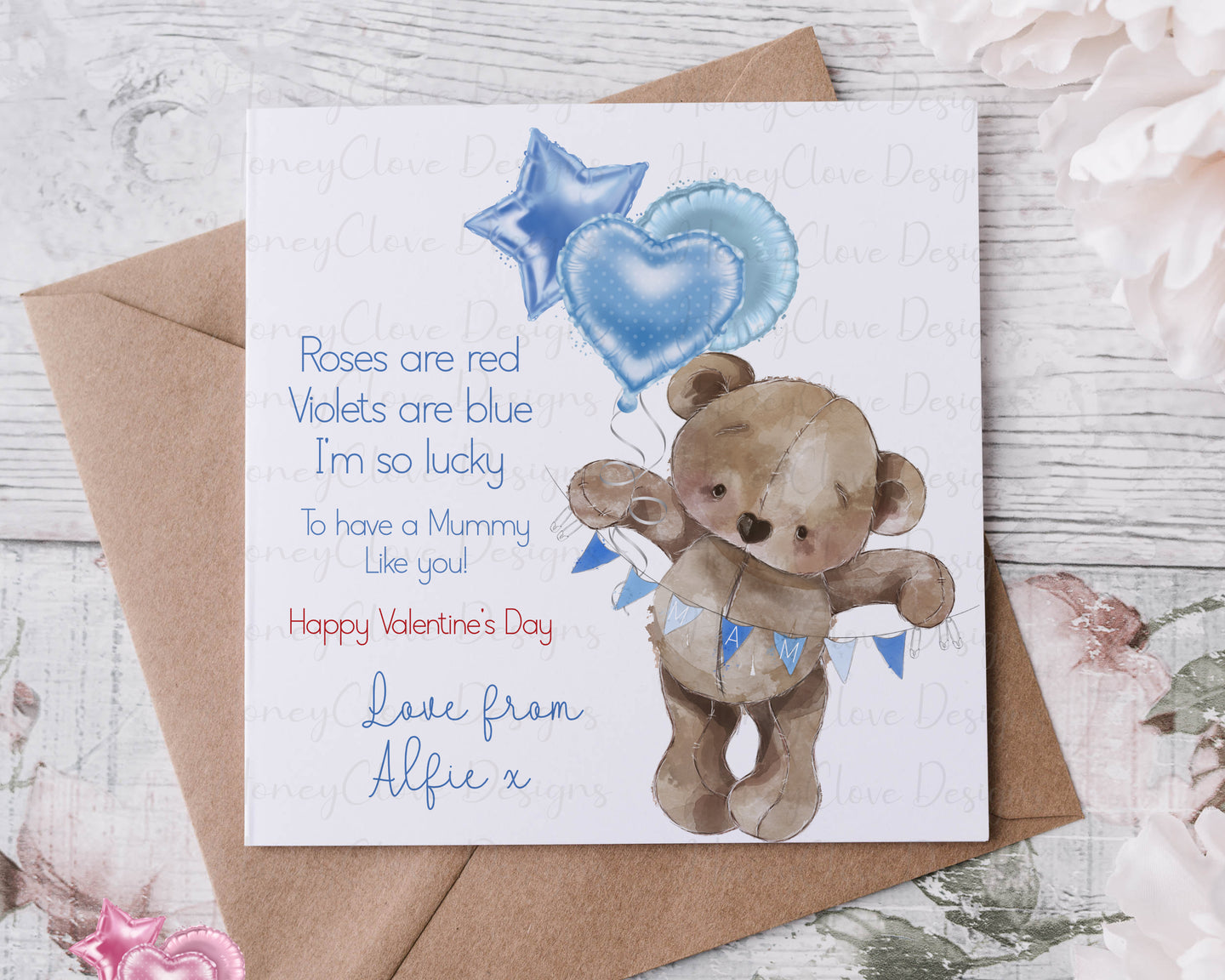 Blue Balloon Bear Valentine Verse