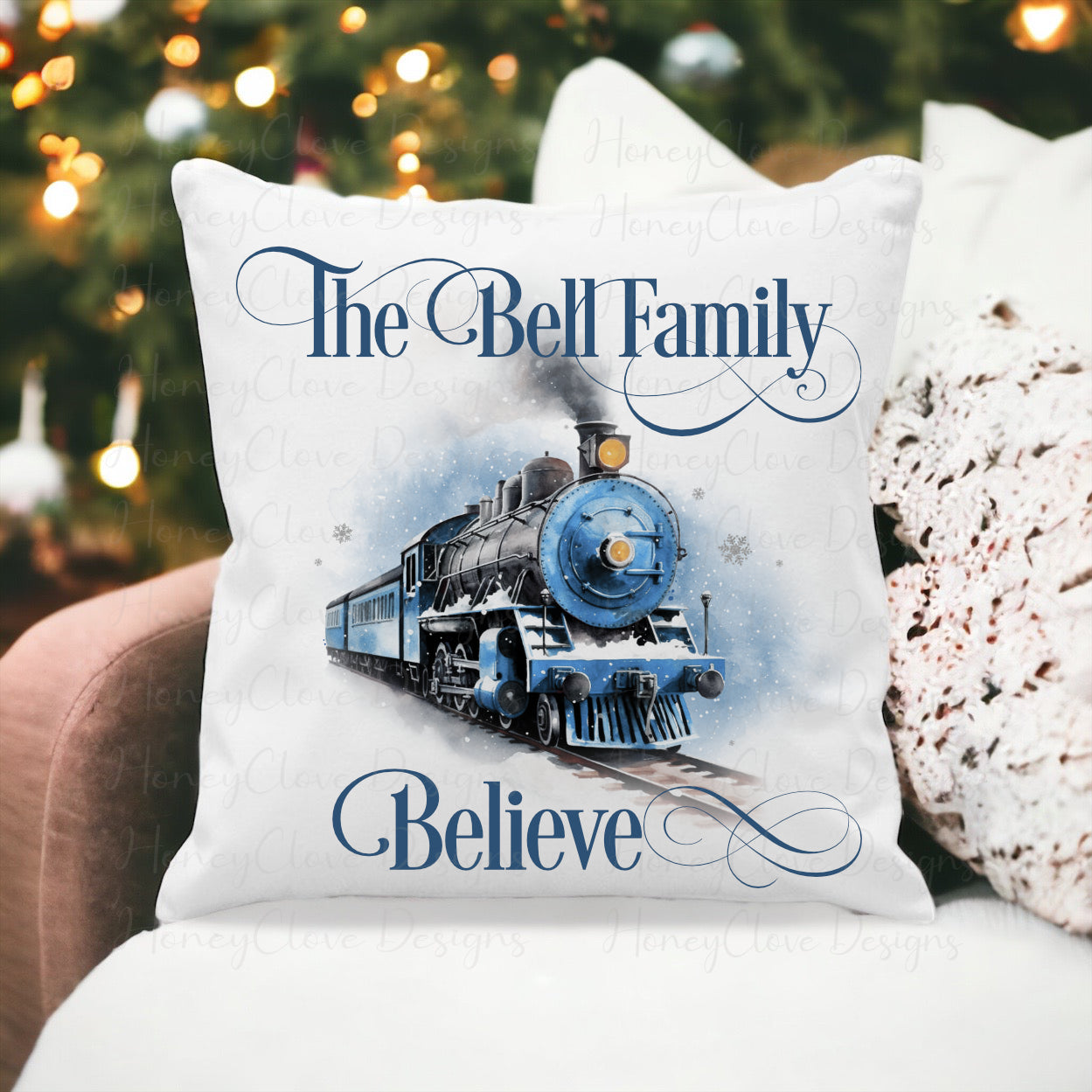 Christmas Believe Train Cushion - Blue