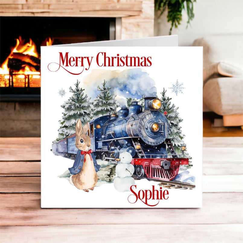 Blue Bunny & Train Christmas Card