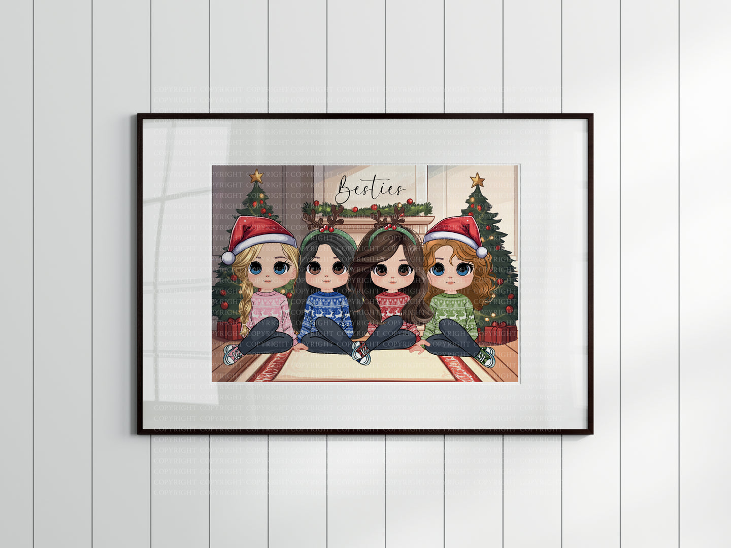 Chibi Fireplace Friends Christmas A4 Unframed Print