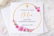 Load image into Gallery viewer, Gold/ Pink  Wreath  Communion/Confirmation Greeting Card
