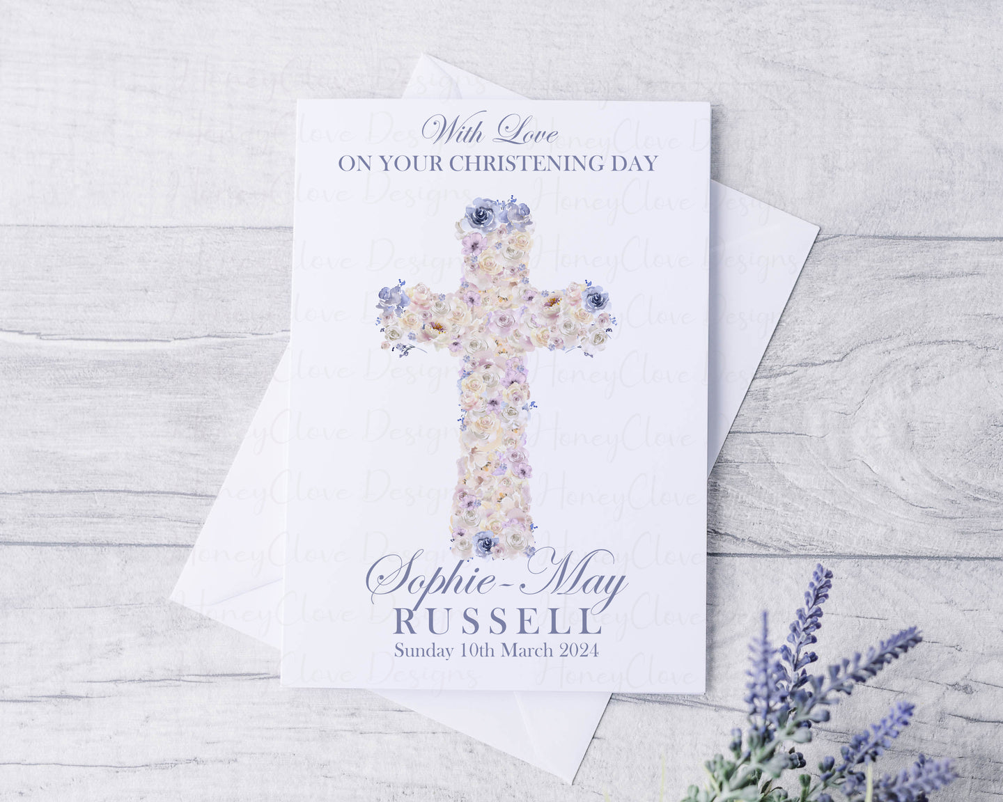 Floral Cross Christening Card